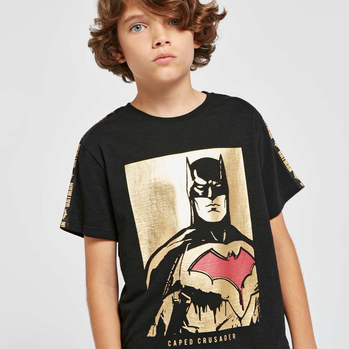 Batman Print Round Neck T-shirt with Short Sleeves 1