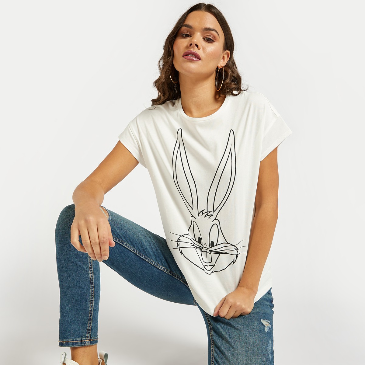 Bugs Bunny Print Round Neck T-shirt with Cap Sleeves 1