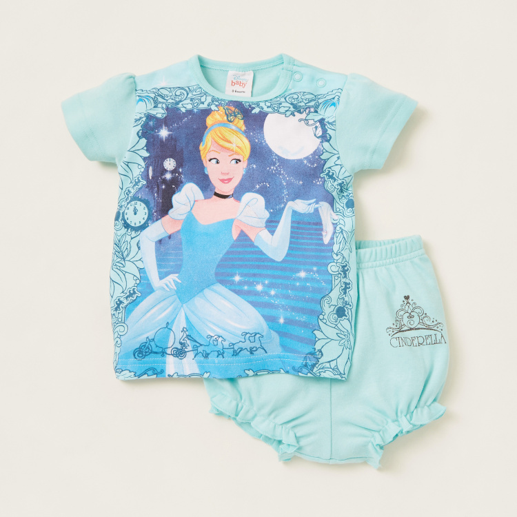 Disney Princess Print Round Neck T-shirt and Shorts Set