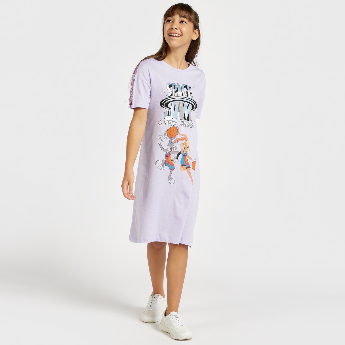 Looney Tunes Graphic Print Dress with Round Neck and Short Sleeves 1