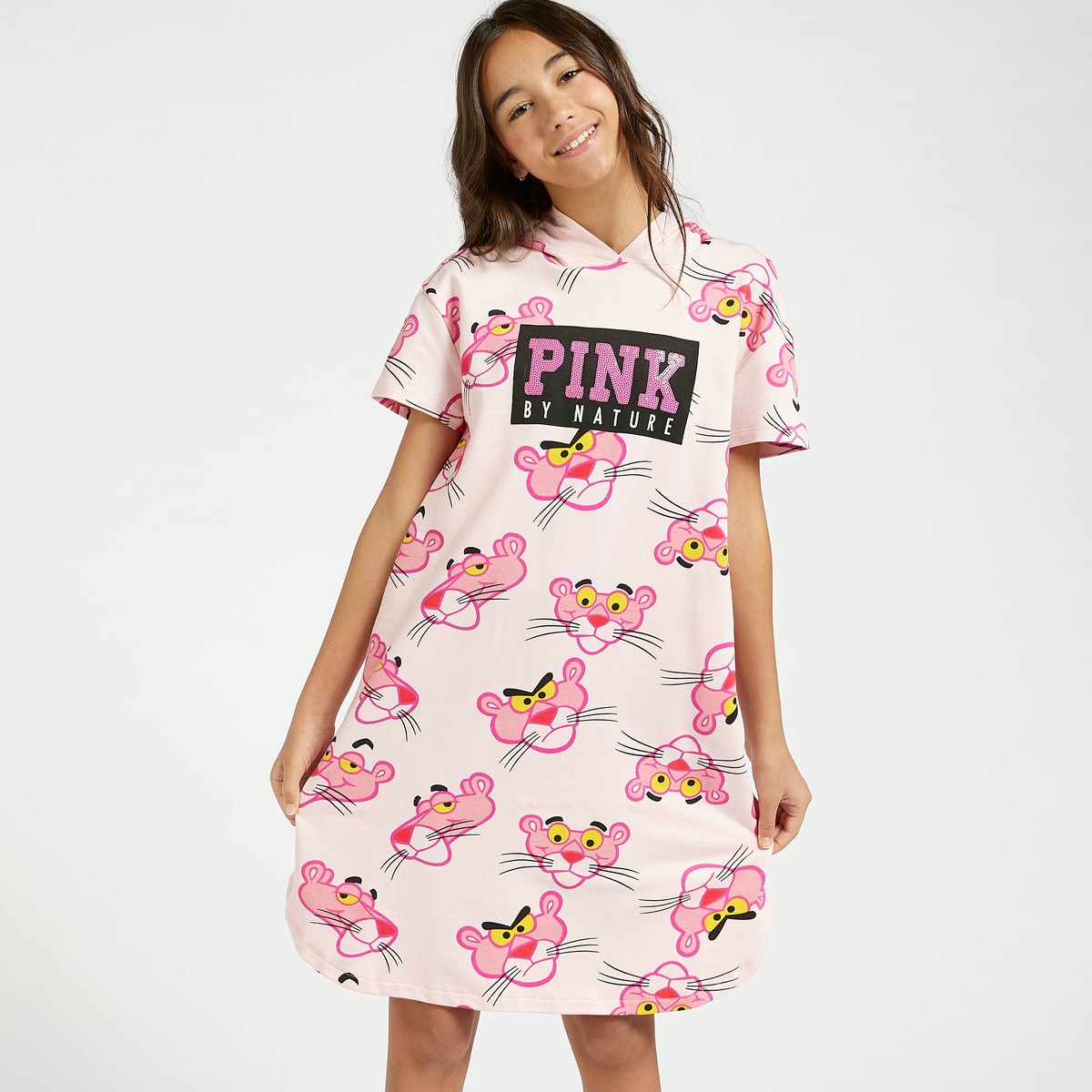 Pink Panther Print Sweat Dress with Hood and Short Sleeves 1