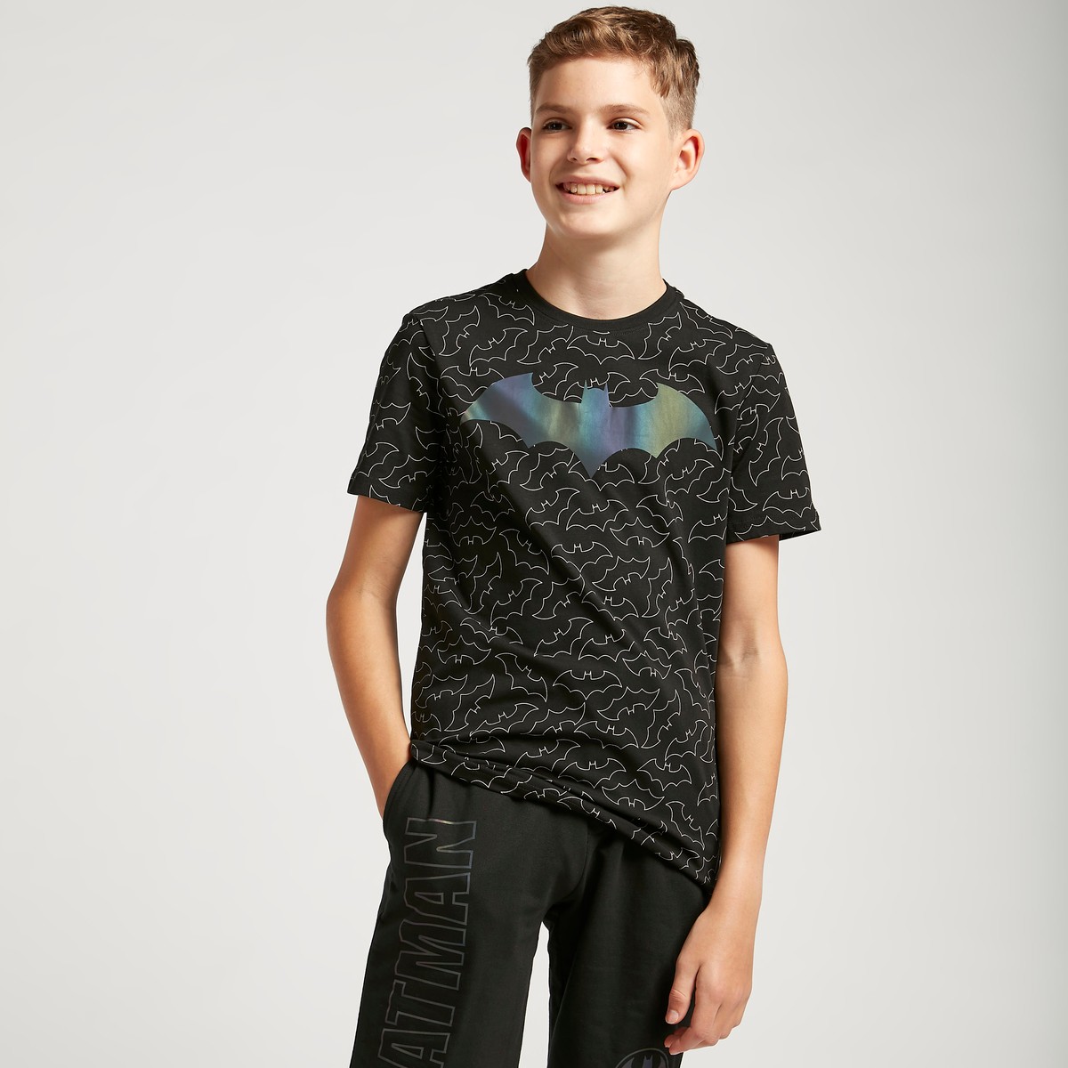 Reflective All-Over Batman Print Round Neck T-shirt with Short Sleeves 1