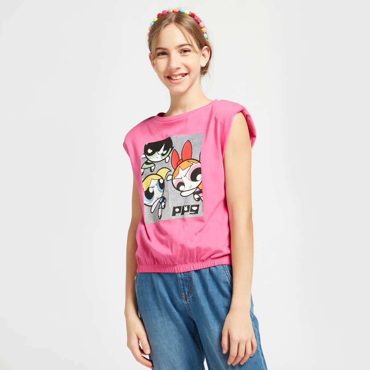 The Powerpuff Girls Graphic Print Sleeveless T-shirt with Round Neck 1