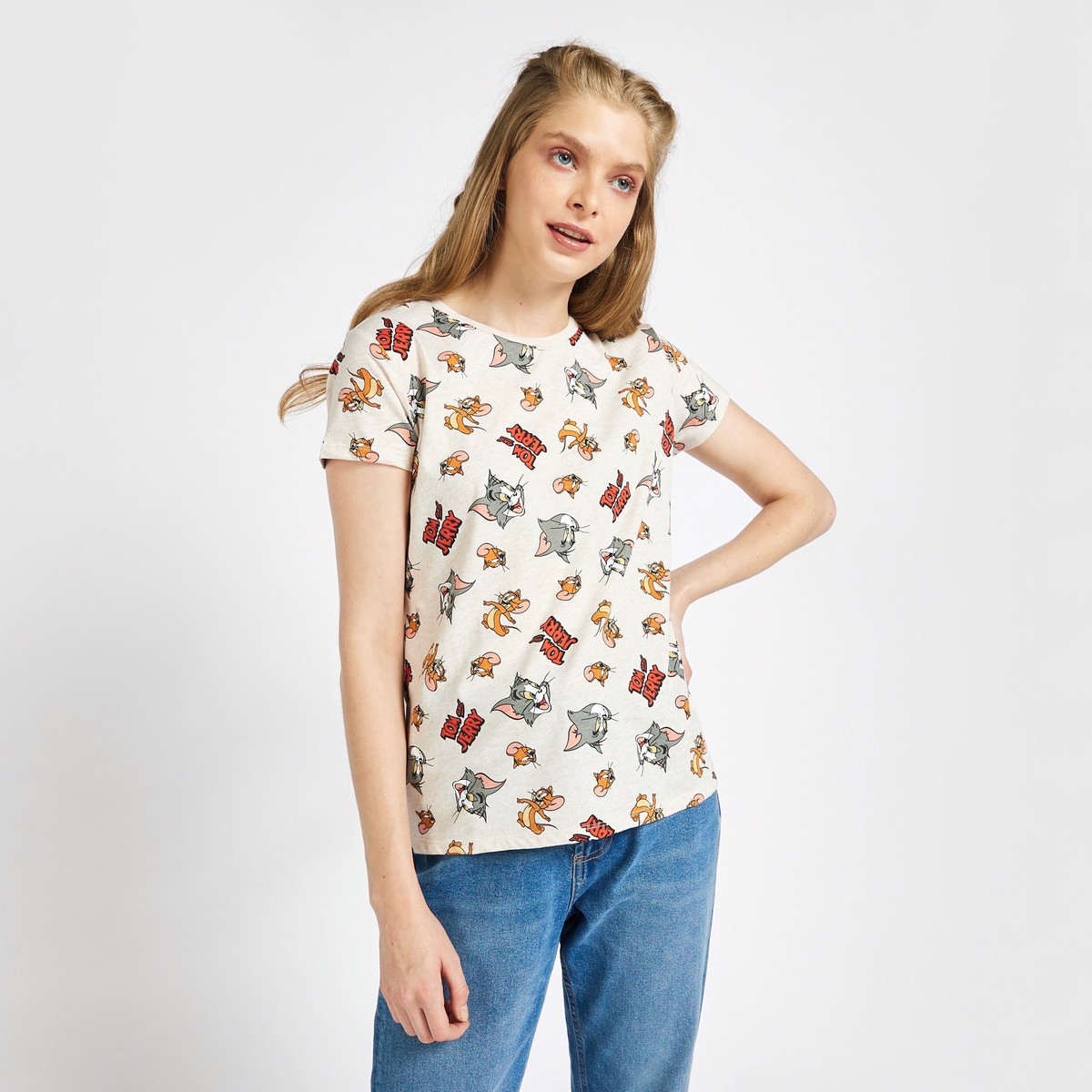 Tom and Jerry Graphic Print T-shirt with Round Neck 1