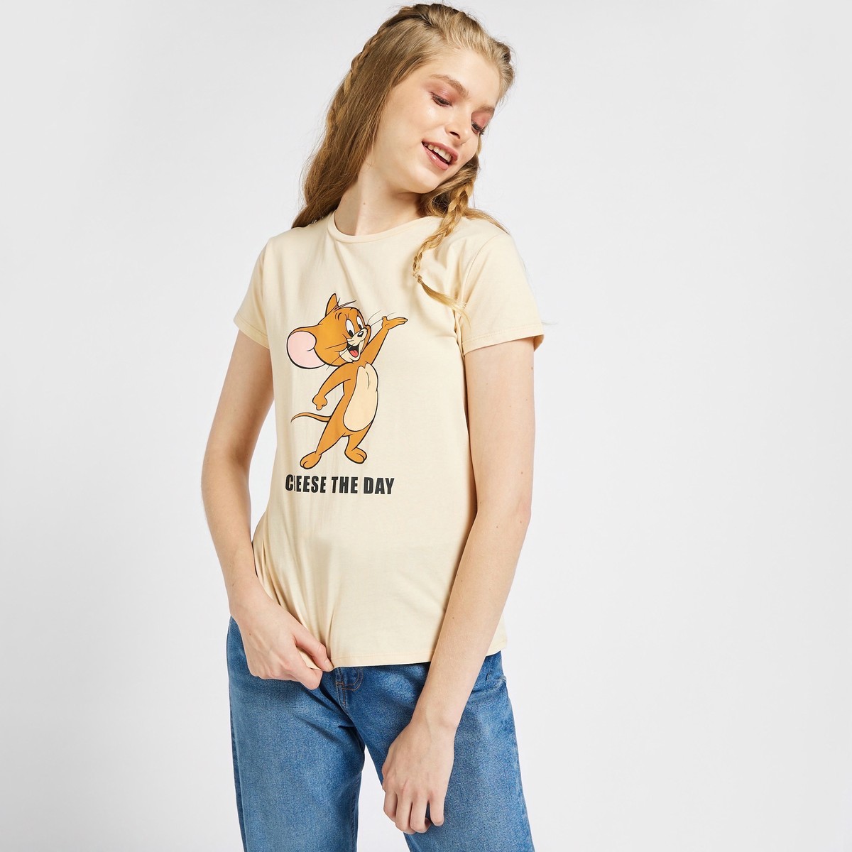 Tom and Jerry Graphic Print T-shirt with Round Neck and Cap Sleeves 1