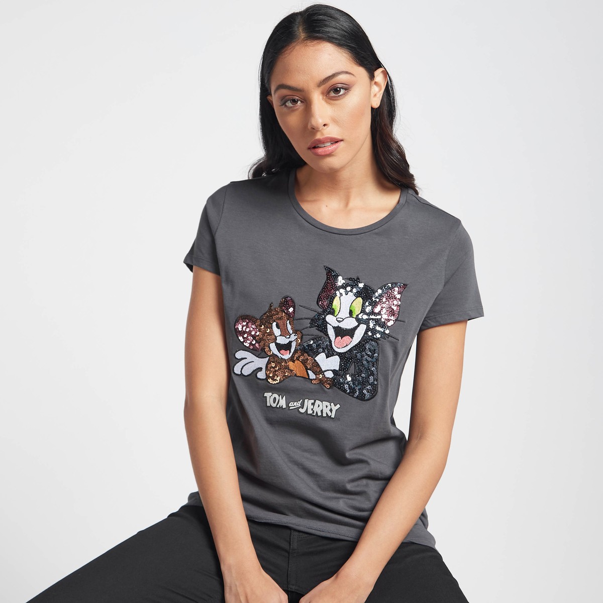 Tom and Jerry Sequin Detail T-shirt with Round Neck and Cap Sleeves 1