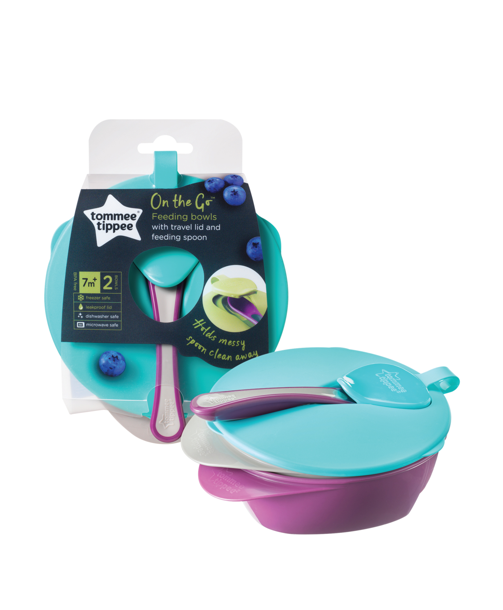 Tommee Tippee On The Go Feeding Bowl x 2, Lid and Spoon- Blue