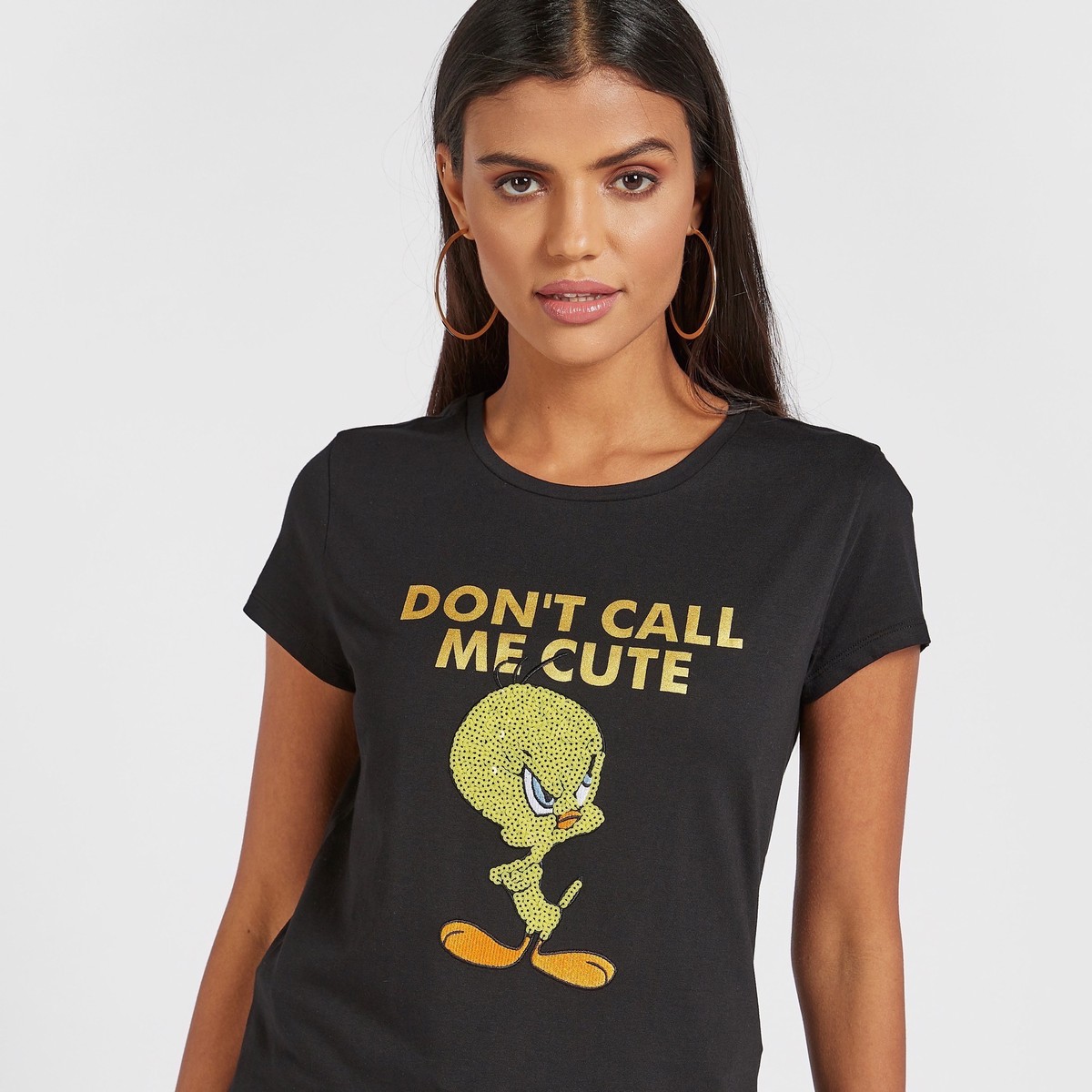 Tweety Sequin Detail T-shirt with Round Neck and Cap Sleeves 1