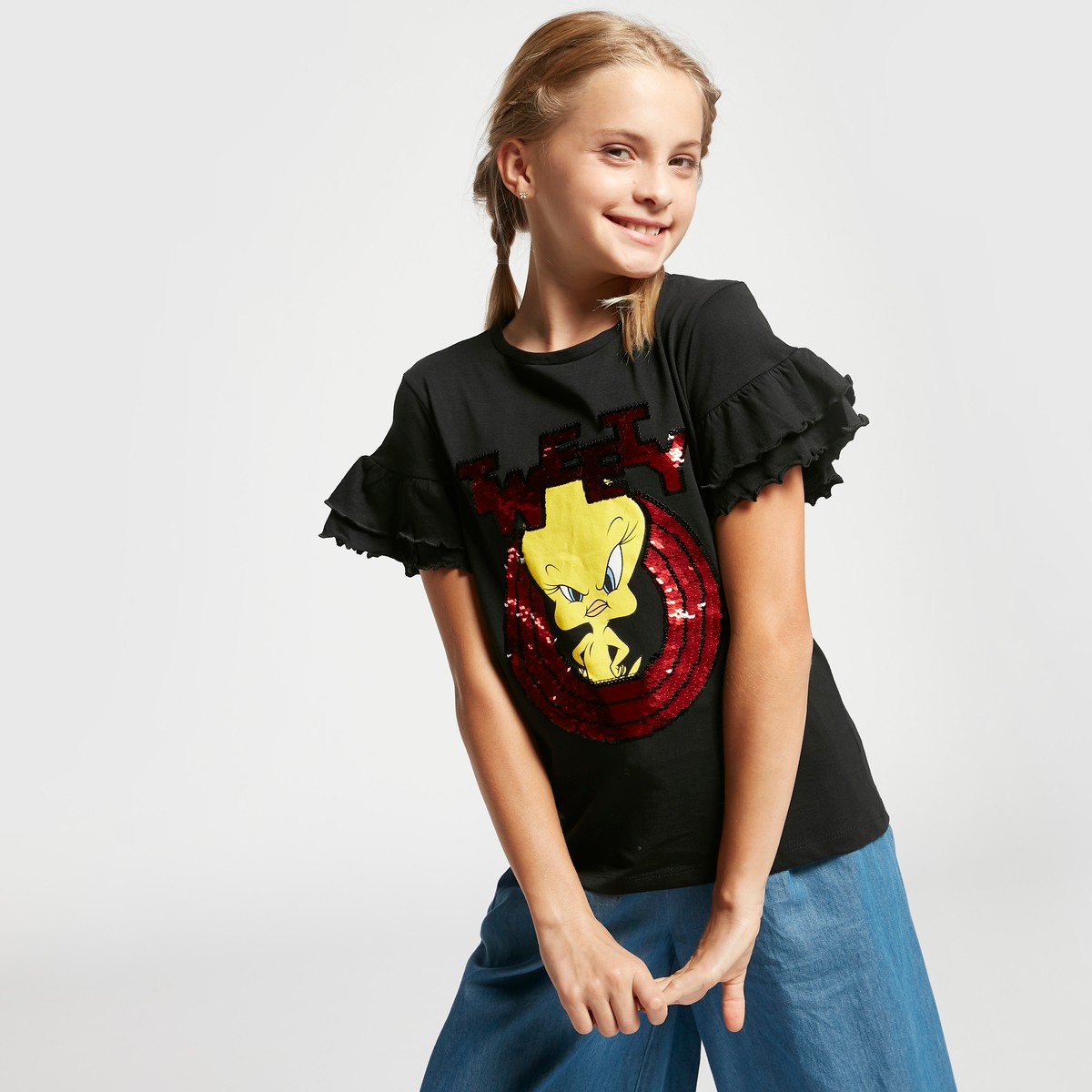 Tweety Sequinned Round Neck T-shirt with Short Sleeves 1