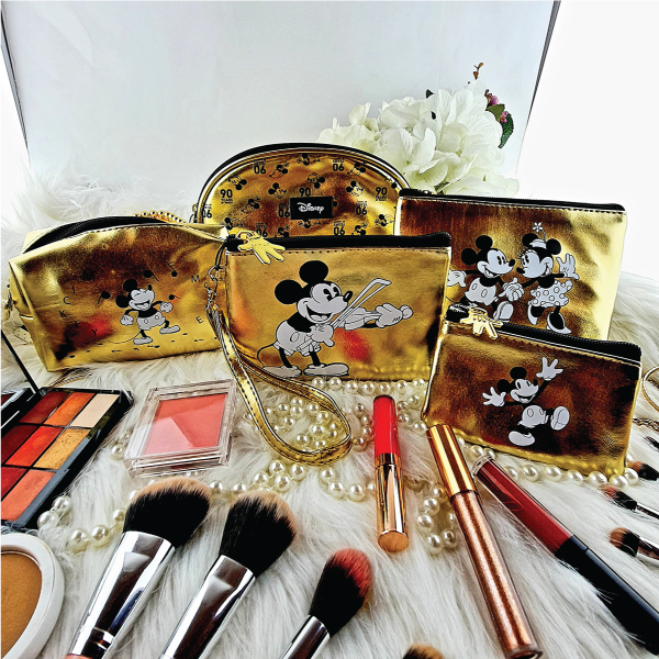 Mickey and Minnie Mouse Cosmetics Bag Pouch Gold Leather